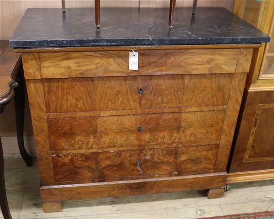 A French figured walnut marble topped commode W.99cm